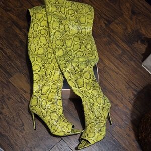 Yellow Snake-Print Over-the-Knee Stiletto Boots
